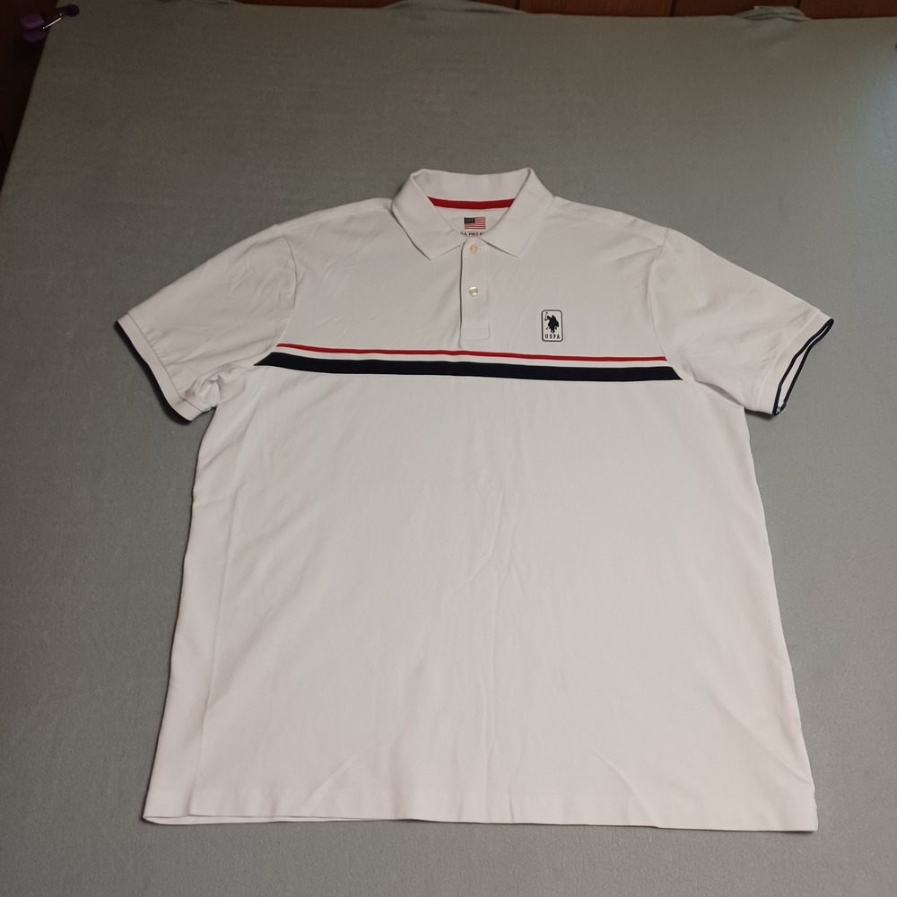 US Polo Assn Mens Slim Fit Polo Shirt White Red Navy Stripe XL Short Sleeve